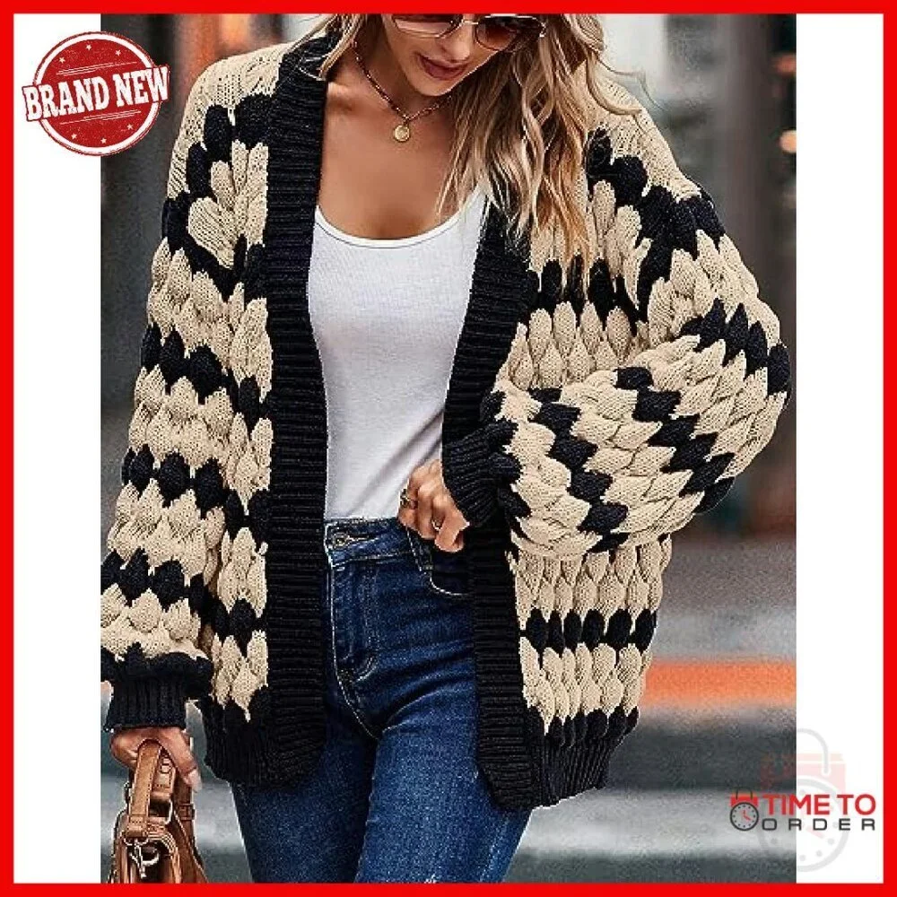 Chunky Knit Cardigan Open Front Lantern Sleeve Winter Sweater Cozy